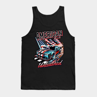 American Muscle Unleashed USA American Flag Patriotic Race Car Street Car High Performance Racing Tank Top